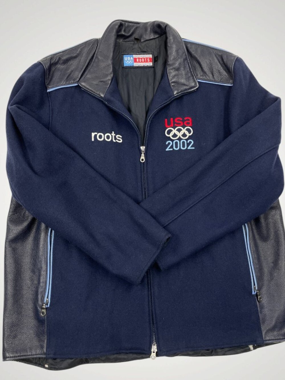 Roots 2002 Team USA Olympic Jacket Wool Leather Varsity Bomber Navy Men’s L